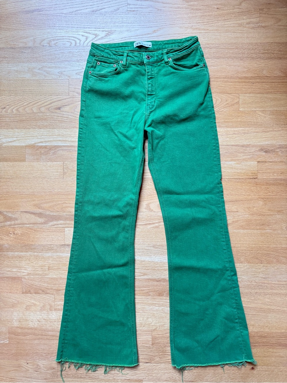 Zara Green Flared Wide-Leg Jeans